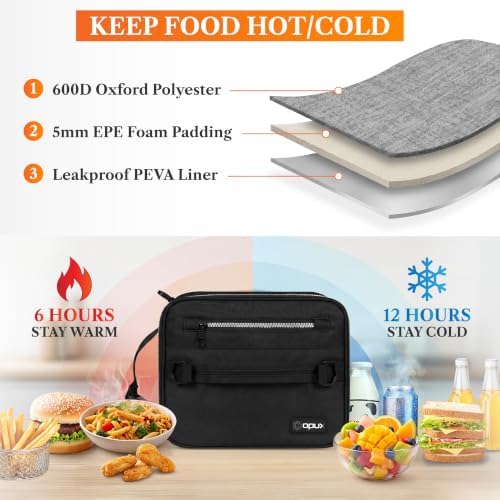 opux Insulated Lunch Bag for Men Women Kids, Soft Lunch Box, Black