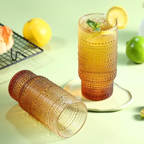 Large Capacity 16 oz Hobnail Drinking Glasses Set of 6, Vintage Glassware Drinking Glasses, Gradual Amber Water Glasses Tumbler, Thanksgiving Cups for Kitchen, Juice, Beer, Cocktail, Whiskey