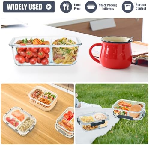 6 Pack 3 Compartment Glass Meal Prep Containers with Lids, 34oz, Grey
