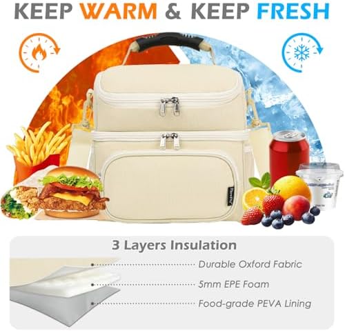 FlowFly Double Layer Cooler Insulated Lunch Bag Adult Lunch Box Large Tote Bag for Men, Women, With Adjustable Strap,Front Pocket and Dual Large Mesh Side Pockets