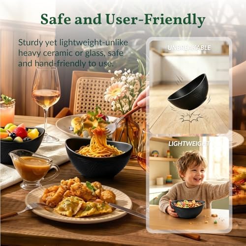 Homienly Wheat Straw Serving Bowls Unbreakable Oval Bowls Set of 6 Soup Bowls Microwave Safe Cereal Bowls for Kitchen, Camping, Party Dishwasher Safe Plastic Bowls for Dinner, Soup (26 OZ Black)