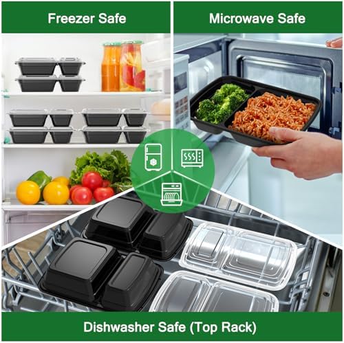Dealusy 50 Pack 28 oz Meal Prep Containers with Lids 2-Compartment, Black
