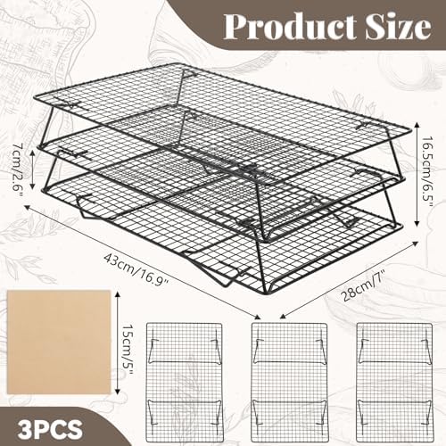 3-Tier Stackable Wire Cooling Rack with Legs, High-quality Carbon Steel, 17" x 11" Cooling Rack for Cooking and Baking, 100 Pcs 6in Baking Paper, Nonstick, for Cookie, Pizza, Bread, Barbecue