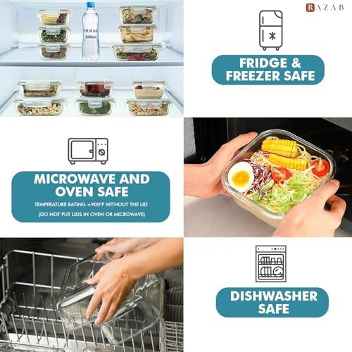 Razab 24 Pc Airtight Glass Food Storage Containers - Glass Meal Prep Containers - Freezer to Oven Safe - Steam Release Valve BPA Free - Airtight Bento Boxes - Leak Proof (12 lids & 12 Containers)