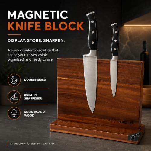 Magnetic Knife Block, Acacia Wood Magnetic Knife Holder for Kitchen Counter Universal Knife Block Without Knives (12 x 10 With Sharpener)