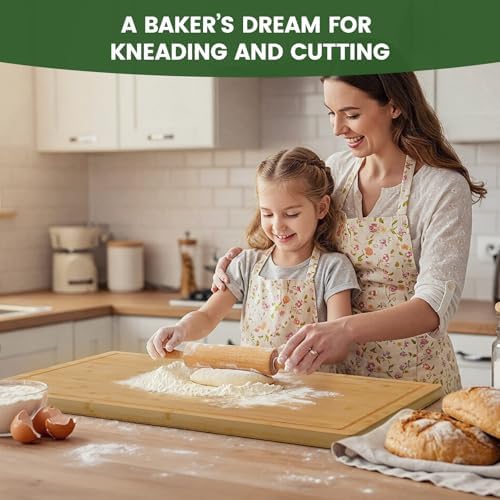 Kikcoin 36”×24” Bamboo Cutting Boards for Kitchen, Heavy Duty Wooden Cutting Boards, Healthy Extra Large Chopping Boards with Deep Juice Groove and Handle, Oversized Stove Top Cover, Natural