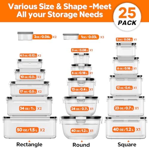50 PCS Food Storage Containers with Lids BPA-Free (25 Containers & 25 Lids)