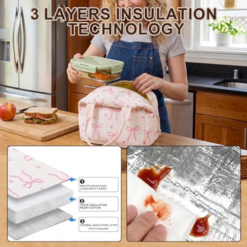 LEDAOU Lunch Box for Women Insulated Lunch Bag Corduroy Lunch Tote Bags Leakproof Cooler Lunch Case for Travel Work Picnic (Bow Tie Beige)