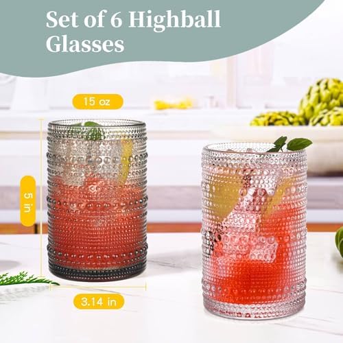 Gray Hobnail Drinking Glasses Set of 6,15 oz Vintage Highball Glasses,Drinkware Kitchen Glasses for Cocktail,Iced Coffee,Beer,Ice Tea,Wine,Whiskey,Water
