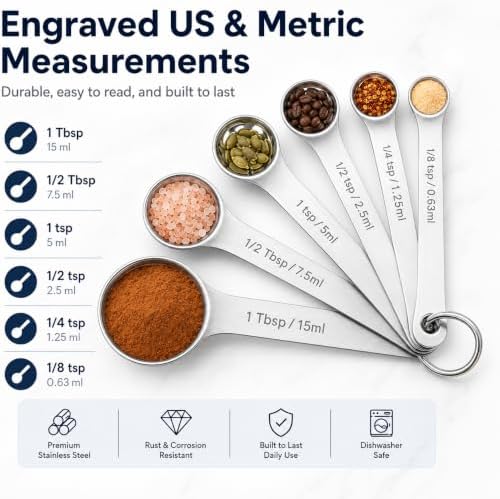 Stainless Steel Measuring Spoons Set of 6, Metal Measuring Spoons with Engraved US & Metric Measurements, Stackable with Ring Connector, Dishwasher Safe for Baking & Cooking