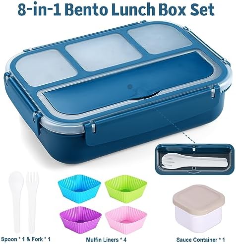 shell and turtle Bento Box Adult Lunch Box, Kids Lunch Containers for School with 4 Compartments, with Utensils, Sauce Jar, Muffin Liners, Microwave Safe, Navy