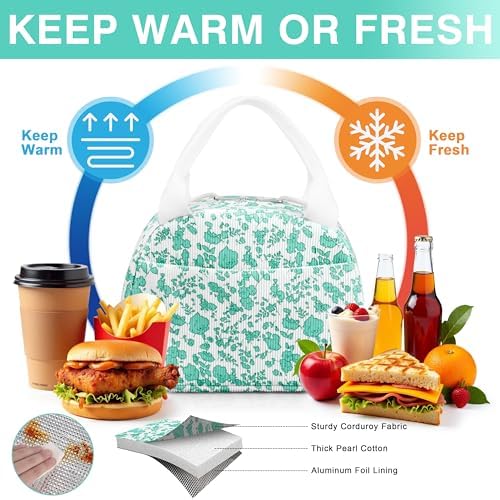 TESAFNG Lunch Bag - Insulated Lunch Box for Women, Reusable Large Capacity Cooler Bag for Adult, Small Leakproof Cute Corduroy Lunch Tote for Work Office Travel Picnic (Corduroy Teal-Flower)