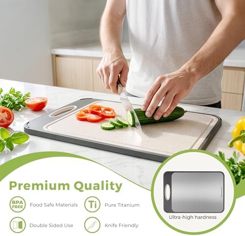 Freshware Titanium Cutting Board for Kitchen, Double Sided and Non Slip Cutting Boards, Pure Titanium/PP, Chopping Board with Juice Grooves, Dishwasher Safe, Large 15.75" by 10.6"