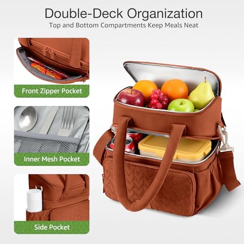Double Deck Lunch Bag for Women, Burnt Orange-L