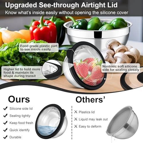E-far Mixing Bowls, Stainless Steel Salad Mixing Bowl with Lid & Grater Set