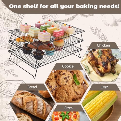 3-Tier Stackable Wire Cooling Rack with Legs, High-quality Carbon Steel, 17" x 11" Cooling Rack for Cooking and Baking, 100 Pcs 6in Baking Paper, Nonstick, for Cookie, Pizza, Bread, Barbecue