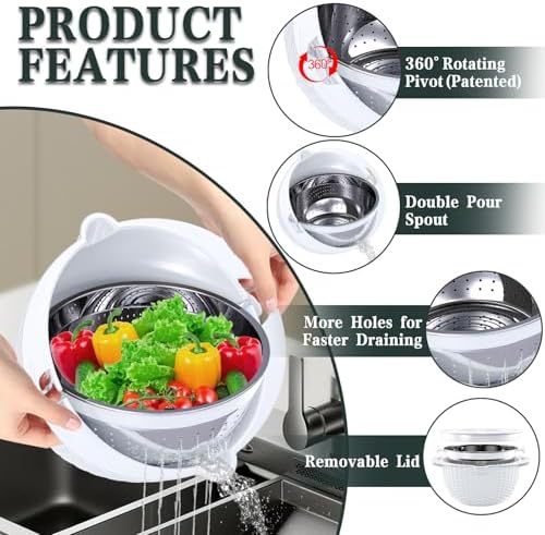 4-1 Colander with Bowl Set - Rotatable Colander for Kitchen(Patented) - Strainers and Colanders - Pasta Strainer with New Upgraded Graters for Fruit Veggie Fun Kitchen Presents - White