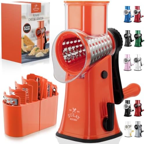 Rotary Cheese Grater Manual Hand Crank 5 Blade Shredder, Orange & Black