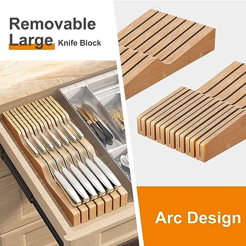 In-Drawer Knife Block Organizer - Bamboo Wood Drawer Knife Organizer-Protecting Knife Organizer Block (Not Included) (Natural, 13 Knives Dock)