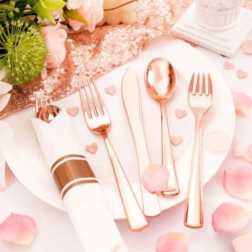 Liacere 100Pack Rose Gold Plastic Silverware - Pre Rolled Napkins with Rose Gold Cutlery - Wrapped Silverware Set Disposable100 Forks Knives Spoons Wrapped Utensils for Wedding ＆ Party