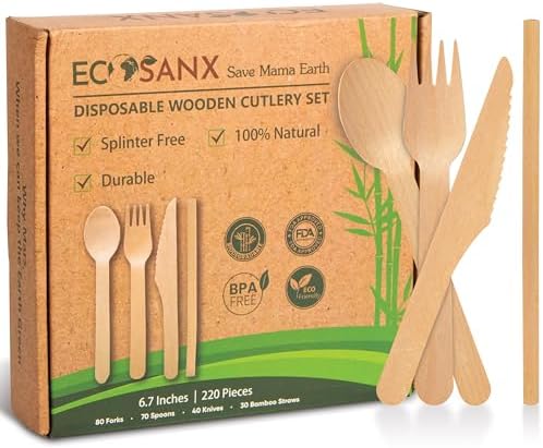ECOSANX® 220 PCs Disposable Wooden Cutlery set 6.3" Splinter Free Compostable Utensils for party, Eco-Friendly, 100% All-Natural Bamboo Utensils set for picnic, Bamboo cutlery set for Events & More