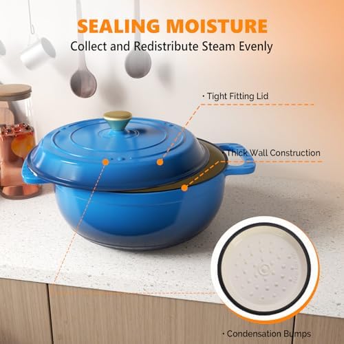 Bonnlo 7.5QT Round Dutch Oven, Enameled Cast Iron Dutch Oven Pot with Lid & Dual Handles, Oven Safe Up to 500° F, for Sourdough, Bread Baking, Stews and Roasting (Blue)