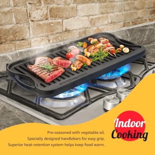 OVERMONT 17" x 9.8" Reversible Cast Iron Griddle, Double Burner Pan