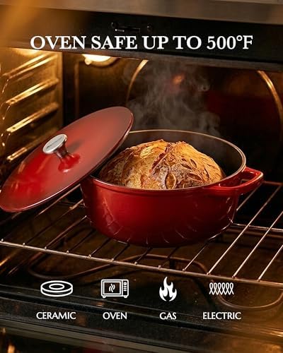 Dutch Oven Pot with Lid, 6QT Enameled Cast Iron Dutch Oven for Sourdough Bread Baking, Braising & Roasting, Dual Handle, 500℉ Oven Safe, All Cooktops Compatible, Cerise