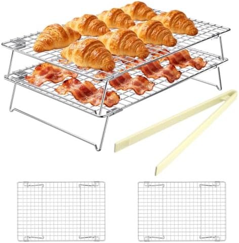 13 * 9.4 IN 2-Tier 304 Stainless Steel Cooling Rack with a kitchen tong