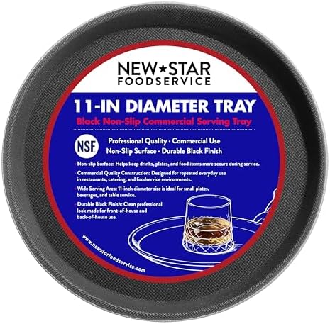 New Star Foodservice Non-Slip Tray, Plastic, Rubber Lined, Round, Black, 11-Inch