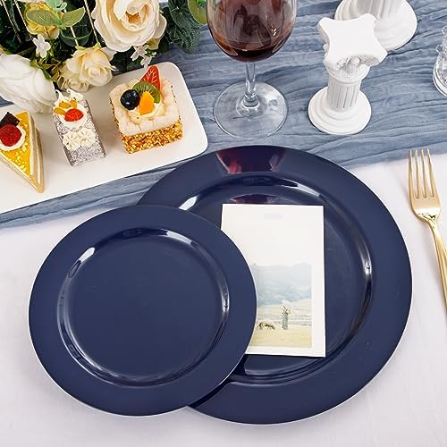 FLOWERCAT 100PCS Blue Plastic Plates - Heavy Duty Blue Disposable Plates for Memorial/Birthday Party/Graducation - Include 50PCS 10.25inch Dinner and 50PCS 7.5inch Dessert/Salad Plates for 50 Guests
