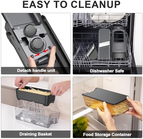 SupMaKin 8 IN 1 Upgraded Safe Mandoline Slicer,Multi Vegetable Chopper,Potato Slicer, Onion Chopper with Drain Basket Storage Container, Cheese Grater Kitchen Chopping Artifact (Black)