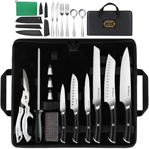 MOSFiATA Chef Knife Sets with Carry case Bag, 19 Pieces Professional Knife Set with Knife Sharpening Rod, High Carbon Stainless Steel Kitchen Chef Knives Set，Dishwasher Safe, For Outdoor