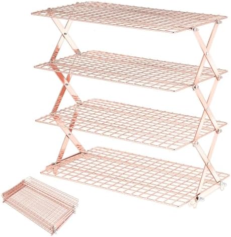 Pleafind 4 Tier Rose Gold Collapsible Cooling Rack - 3 Setting Design, Adjustable ＆ Stackable Baking Rack, 5 Modes Cooling Racks for Cooking and Baking, Roasting ＆ Grilling Gifts for Picnic Party