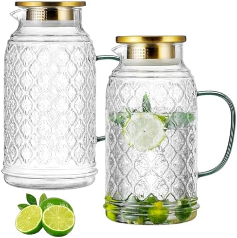 Buaic Glass Pitcher with Lid, 2 PACK 84 oz/2.5 Liter Vintage Water Pitcher