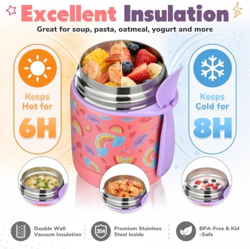 10oz Soup Thermo for Hot Food Kids,Lunch Thermo Kids Food Jar with Spoon Hot Insulated Food Containers,Leak Proof Stainless Steel Wide Mouth Lunch Thermo Jar for School(Pink-Rainbow)