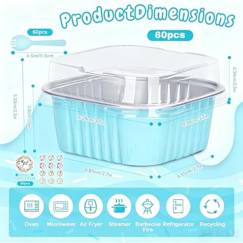 60Pack 5oz Blue Mini Cake Pans with Lids and Spoons Baking Cups Aluminum Foil Pans Tins, Individual Dessert Cups Containers for Sales,Party,Picnics