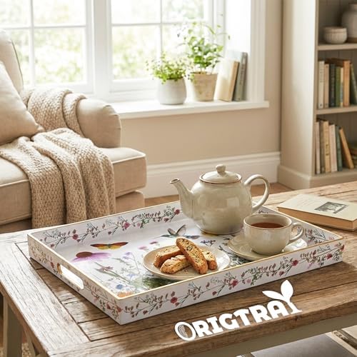 Serving Tray with Handles, Rectangular Plastic Tray 15.75x11.81 Inch, Wildflower, Butterflies & Hummingbirds Style Decorative Tray for Kitchen, Dining Table, Vanity, Office & Home