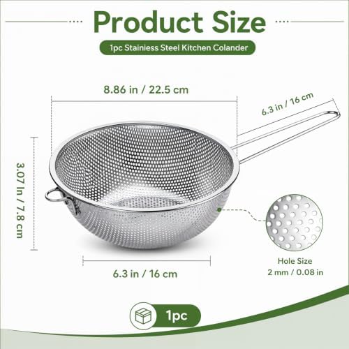 Stainless Steel Colander, Strainer with Handle Fine Mesh Strainer Large Metal Colander for Kitchen, Pasta, Spaghetti, Vegetables & Fruits, Diameter 8.86 Inch Silver