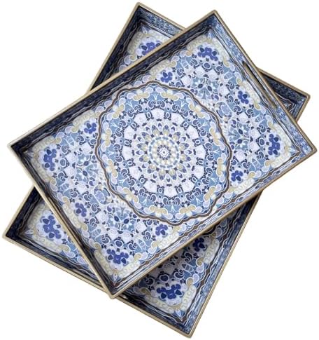Boho Decorative Tray, Modern Blue Serving Tray with Handles, Ottoman Trays Set of 2, Plastic Coffee Table Tray for Living Room, Bathroom, Kitchen, Decor, Large 15.7”*11.8”, Small 13.7"*9.8"