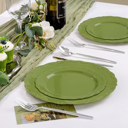 U-QE 100PCS Olive Green Plastic Plates - Plastic Green Plates Disposable
