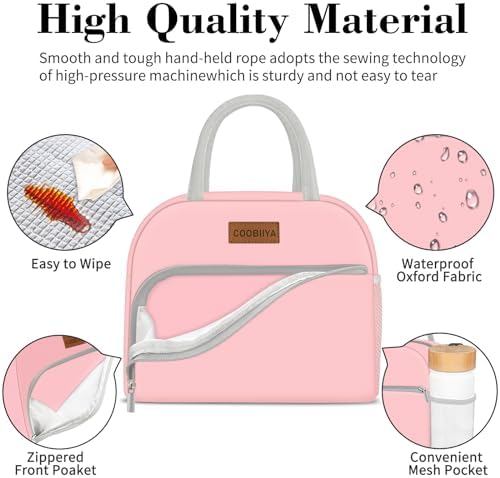 Coobiiya Lunch Bag for Women Men, Insulated Reusable Picnic Bag, 10.8"L x 6.3"W x 8.85"H, Pink