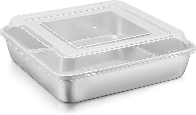 E-far 9 x 9-Inch Baking Pan with lid, Square Cake Brownie Baking Pans Stainless Steel Bakeware, Non-toxic & Healthy, Easy Clean & Dishwasher Safe - 2 Pieces(1 Pan + 1 Lid)