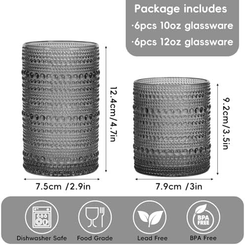 Moretoes 12 Pack Hobnail Drinking Glasses Gray Water Glass Cups Set