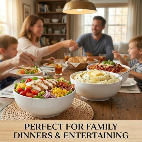 DELLING 60 Oz Large Serving Bowls Set of 3, 8 Inch White Ceramic Mixing Bowls - Soup Salad Pasta Ramen Bowls for Kitchen, Microwave Dishwasher Safe, Porcelain