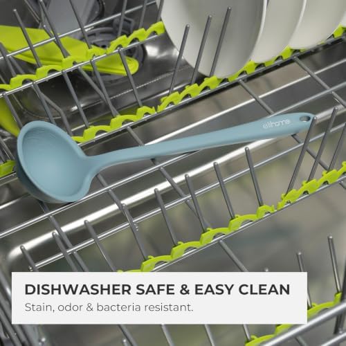 Elihome Classic 10.5 inch Silicone Soup Ladle Cooking Spoon: 600ºF Heat Resistant 2 oz Non-stick Seamless Deep Serving Spoon with Non Slip Long Handle for Cooking Sauce Stews Gravy - Teal Grey