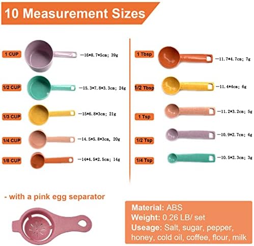 Plastic Measuring Cups and Spoons Set - 10 Pcs Colorful Kitchen Measuring Tool, Engraved Metric/US Markings Stackable Silicone Measure Cup for Liquid & Dry Measuring, Cooking & Baking, Random Color