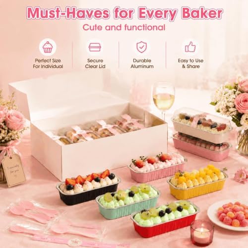 100 Pack Mini Cake Pans with Lids and Spoons, Disposable Aluminum Foil Cake Tins（6.8oz） Mini Loaf Pans with Lids for Party, Wedding, Birthday