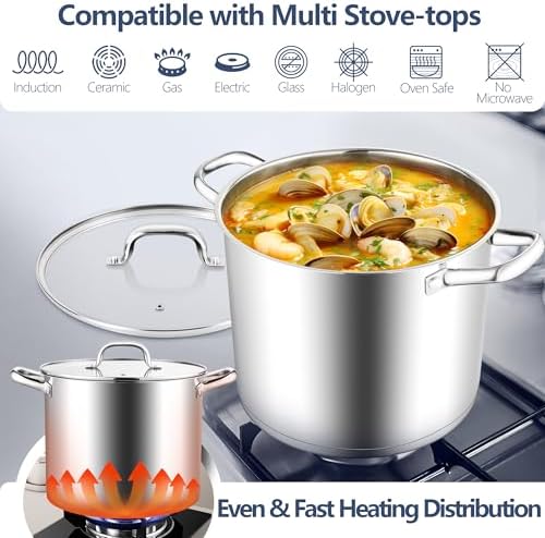 E-far 12 Quart Cooking Stock Pot, Large Stainless Steel Pot for Canning Simmering Stewing, Heavy Duty Cookware with Tri-ply Base for Induction Gas Stoves, Soup Pots with Glass Lid, Dishwasher Safe
