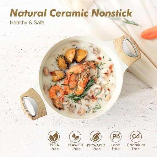 SENSARTE Ceramic Nonstick Stock Pot with Lid, 2.6/4.5/6.6/8.5/11 QT Soup Pot Casserole Pot, Non-toxic Healthy Pasta Pot, Large Cooking Pot Stew Pot, Induction Compatible, PFOA PFAS PTFE Free, White